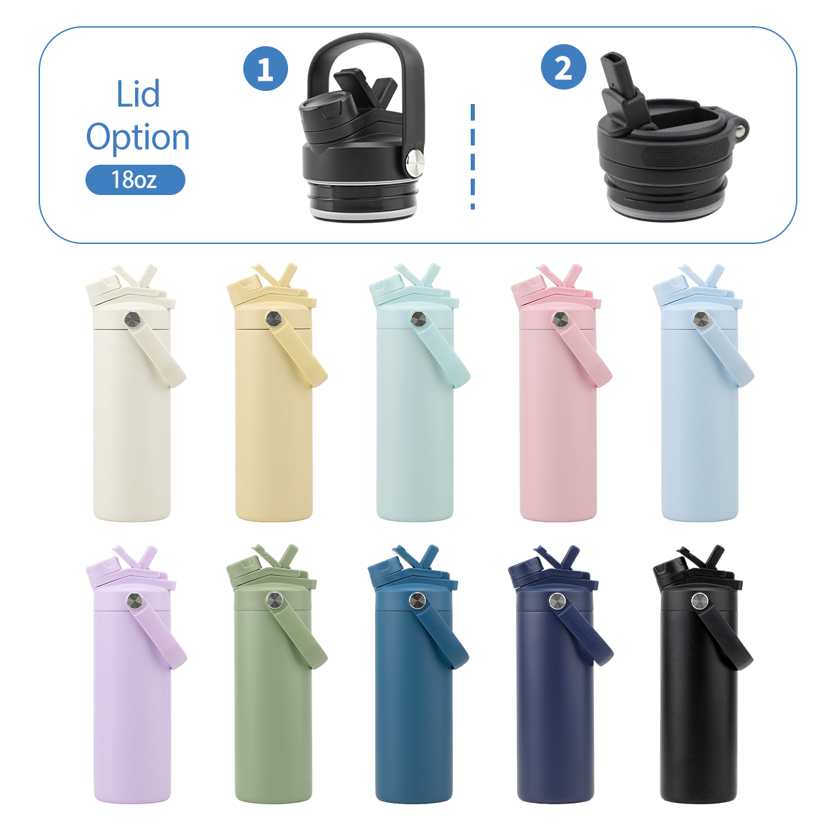 18oz internal-thread water bottle in multiple custom colors