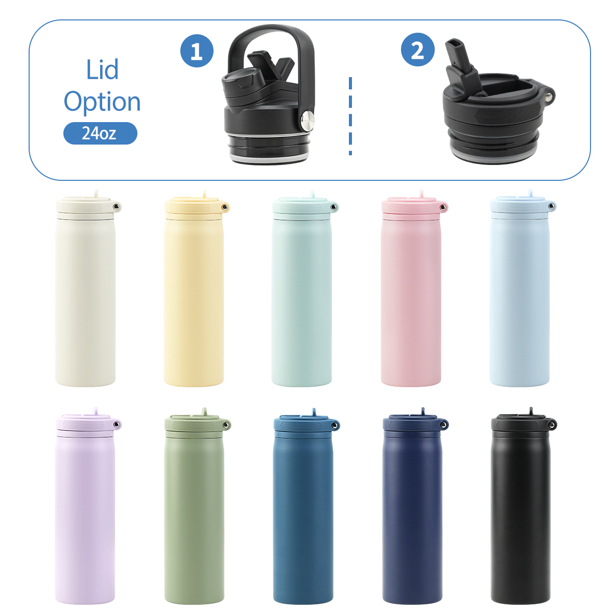 24oz insulated straw water bottle in multiple colors