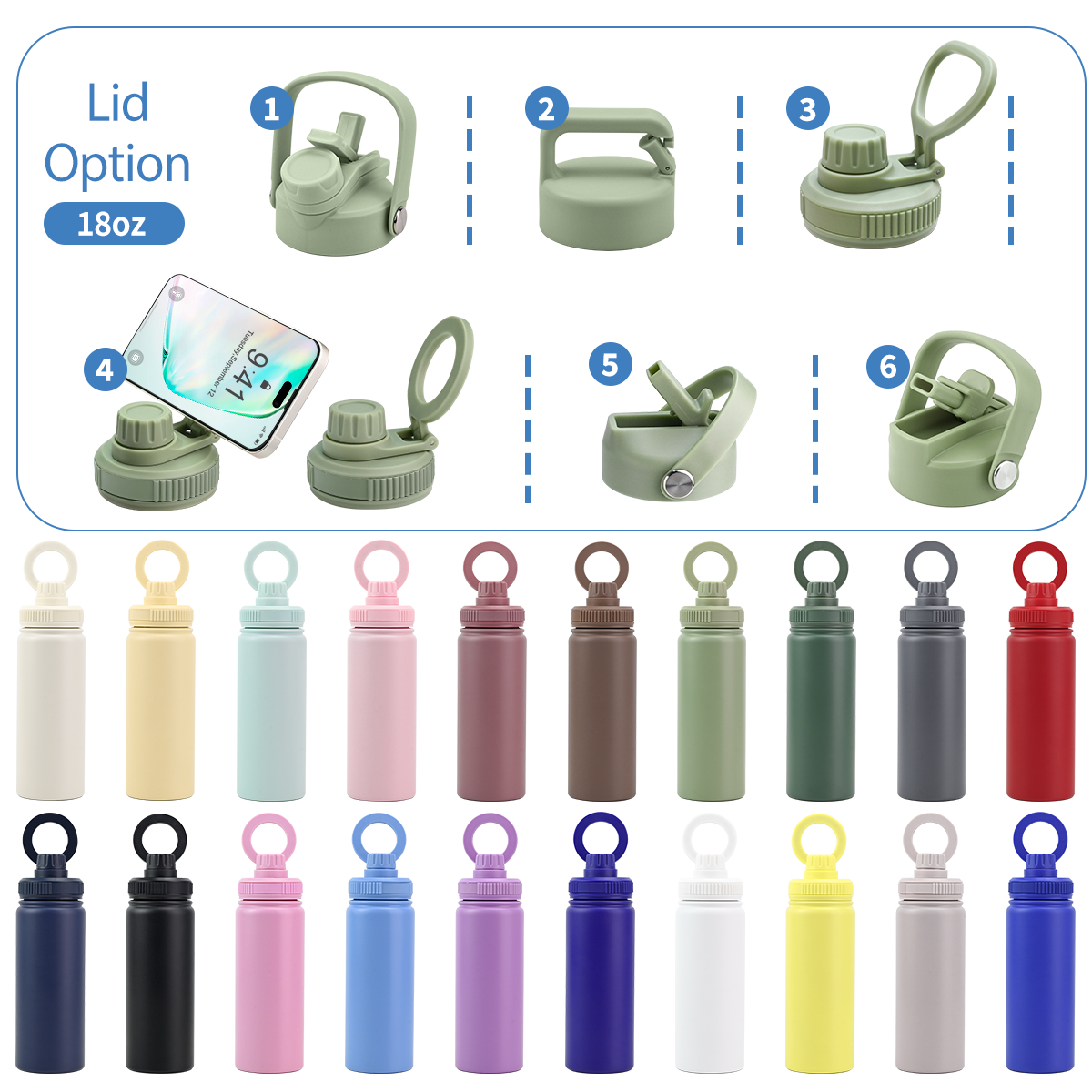 18oz Stainless Steel Water Bottle in Multiple Colors