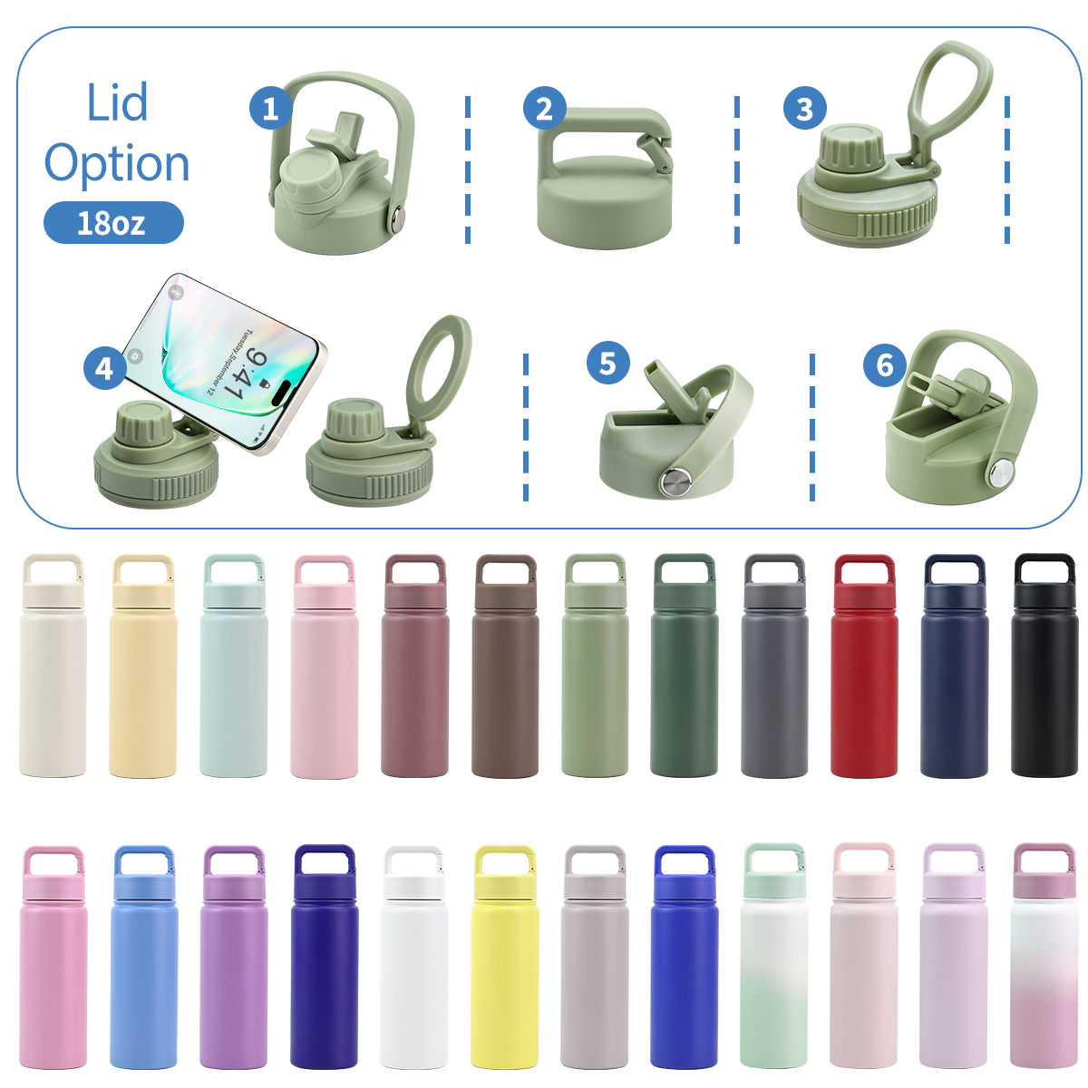 18oz Stainless Steel Water Bottle in Multiple Colors