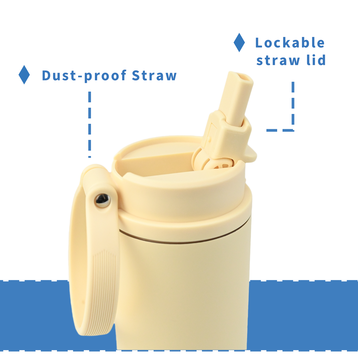 hidden carry handle and push slider straw lid close up